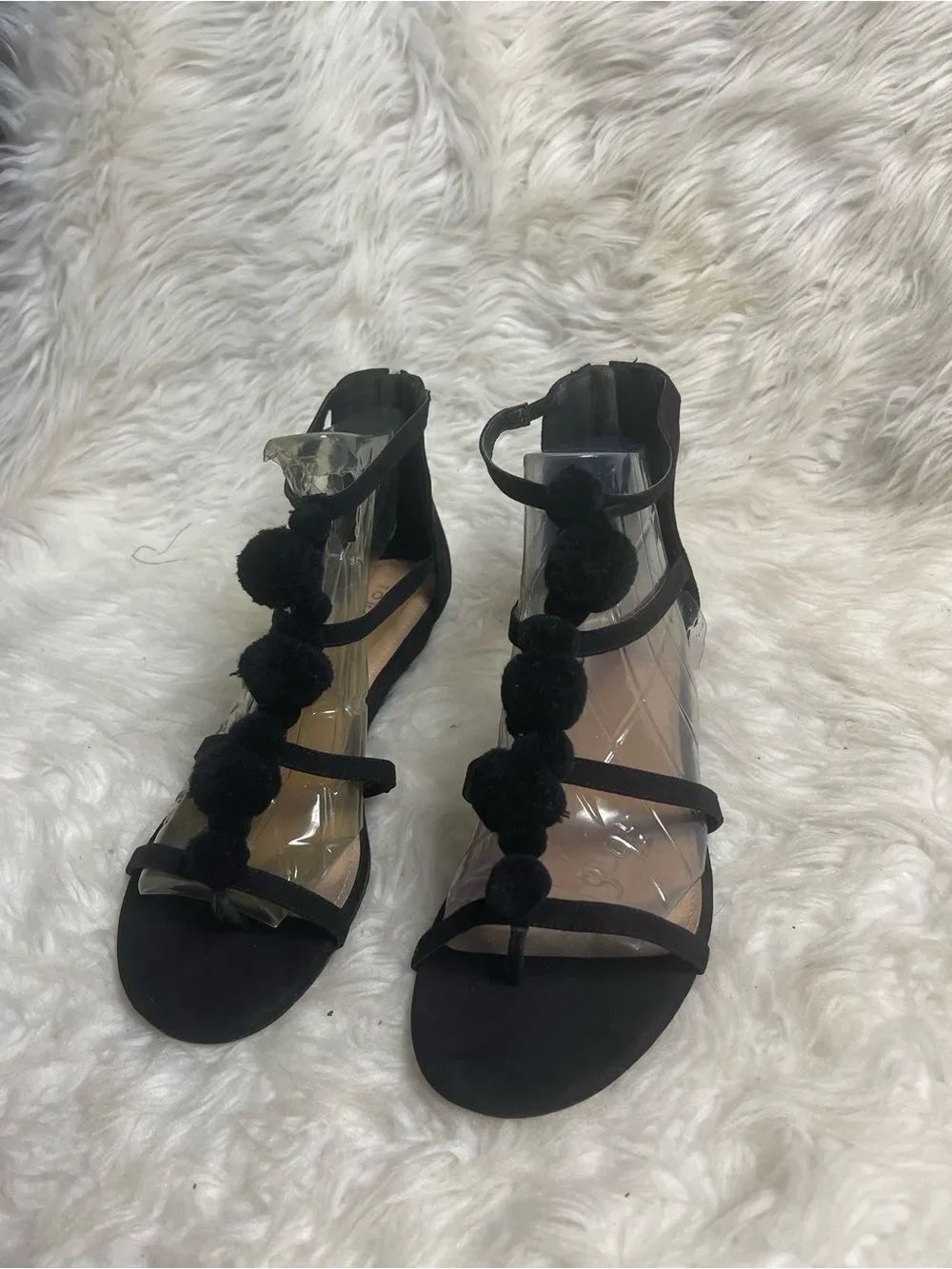 Torrid synthetic suede Black Pom-Pom Strappy Gladiator Sandals back zipper SZ11W